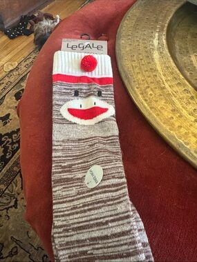 LeGale Women's Brown & White Novelty Sock with Red Pom Accent